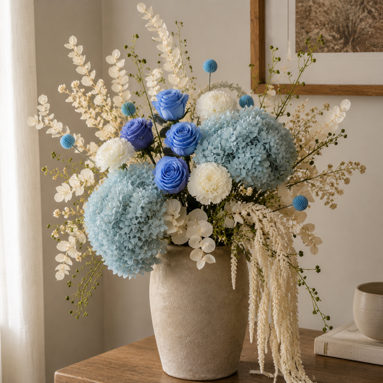 Billy Buttons Blue Console Arrangement