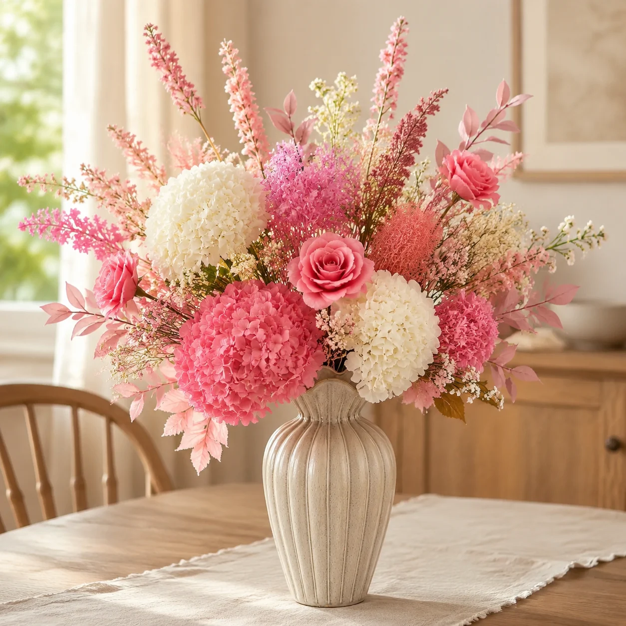Sunlit dining room — everlasting centerpiece at true scale
