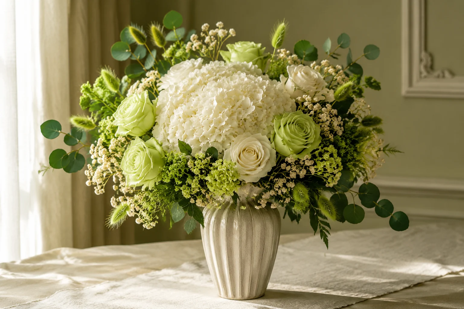 Sage & Ivory bouquet on linen — soft daylight